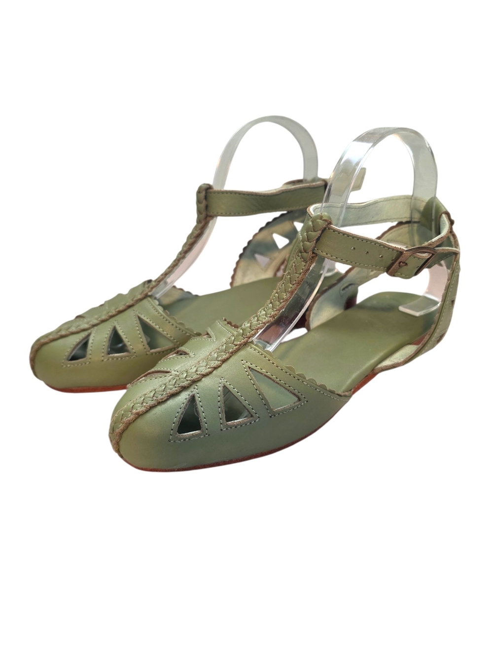 ELF Handmade Bounty T-strap Leather Sandals in Olive Green Size 7.5